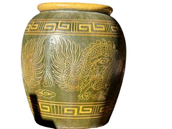 Large Vintage Asian Olive Green Water Vessel, Decorative Vase, Garden Pot, Etched Dragons,Greek Key Banners, Earthenware, 11 Inches, C 1960s