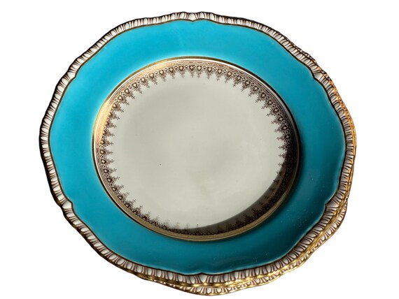 Antique China Set 4 Copelands China Dessert Plates w Celest Blue Border Embossed Scalloped Gilt  Rims, C 1891 1932