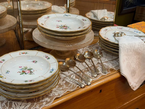 1850 Old Paris Soup Plates, Hand-Painted Florals, Gilt Accents