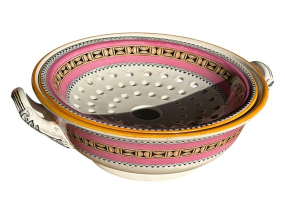 Antique Copeland Spode Pink Serving Bowl with Geometric Accents and Strainer 1876