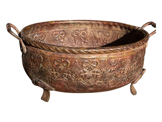 Antique French Embossed Metal Jardinere: 19th Century Footed Cachepot with Handles Circa 1800s