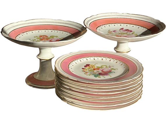 10Pc Antique Pink English Botanical Dessert Service for 8 w Hand Painted Florals  Gilded Scalloped Rims 2 Matching Tazzas Holiday Table