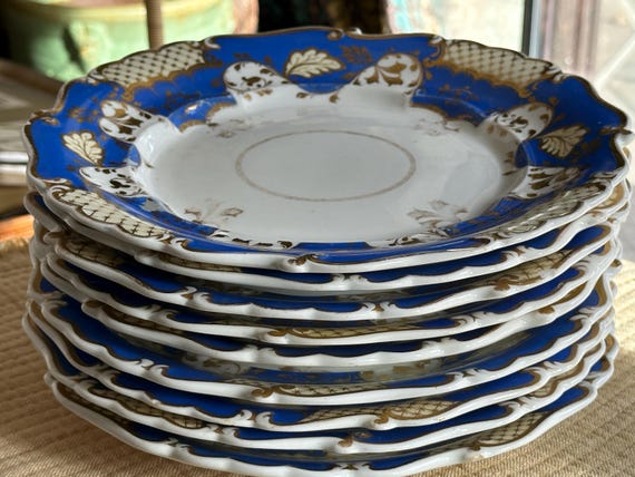 Antique English Dinner Plates: Blue with Elaborate Gilding Scalloped Rims Faded Elegance 1800s  10+Inches