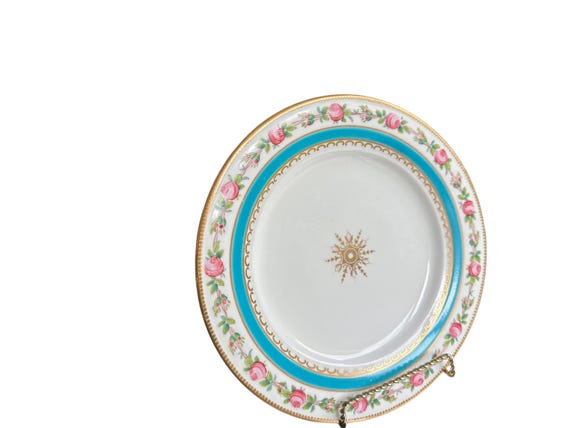 Antique Turquoise Dessert Plates with Hand-Painted Roses and Gilt Medallion