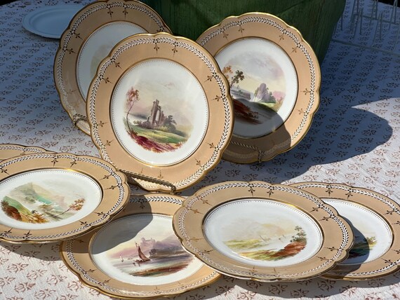 Antique French Dessert Plates with Cafe au Lait Border Hand Painted Scenes