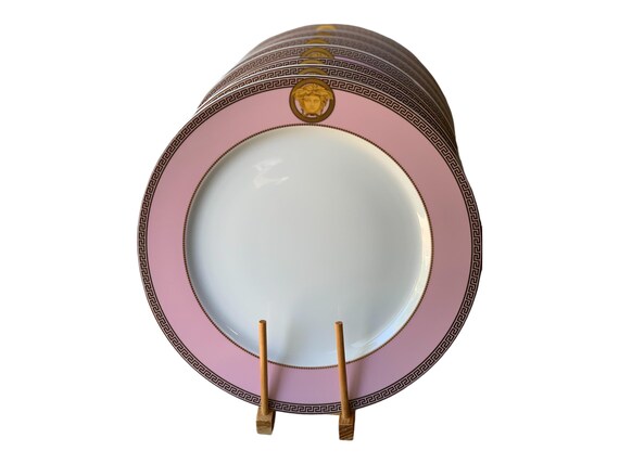 Rare Pink Versace Charger Plates with Medusa Greek Key Motif