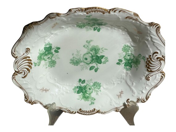 Antique English Serving Platter w Molded Gilded Rm, Hand Painted Florals Oblong Shape, Scalloped Rim, Circa 1800s