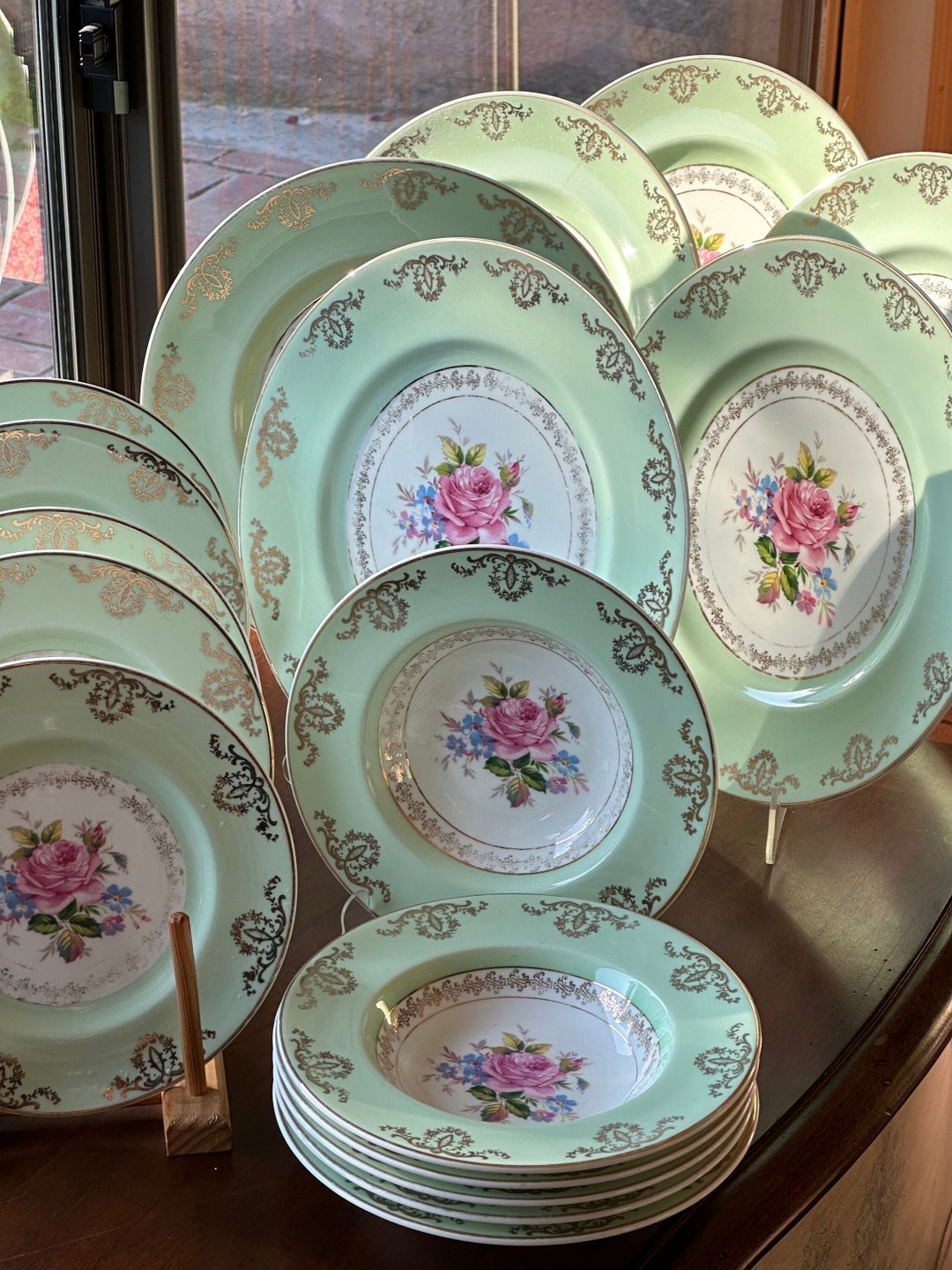 Vintage English Country Dinnerware Set: Hand-painted Mint Green