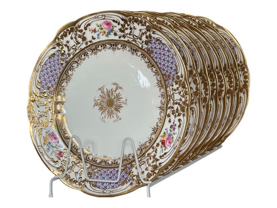 Rare Antique English Dinner Plates: Hand Painted Embossed Gilt Design Medallions Scalloped Rims 1800s