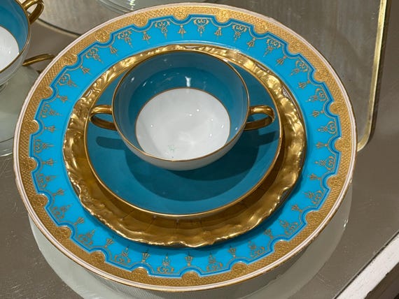 1873 Turquoise Minton China Set: Neoclassical Collectible with Gold Accents  Design