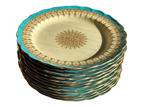 Antique Royal Worcester Turquoise & Gilt Dessert Plates Set (12)  Scalloped Edge Circa 1890