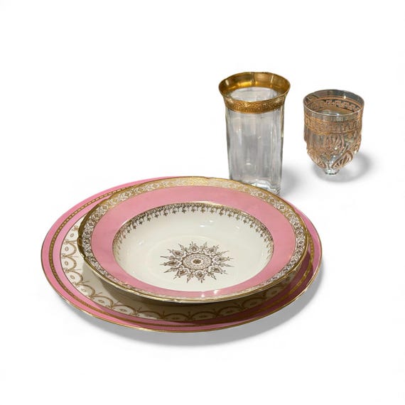 Vintage German Pink Soup Plates Embossed Gold Medallion