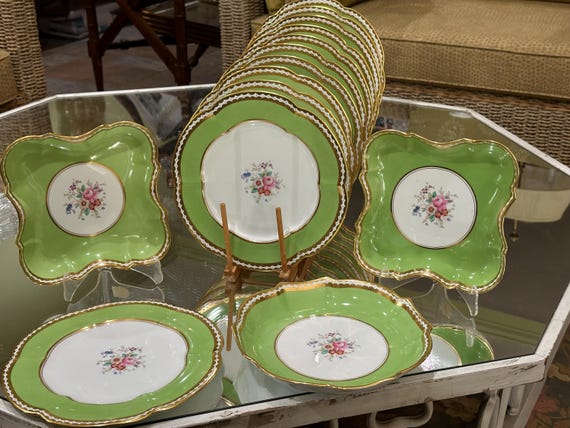 Antique English Green Dessert Set: Hand-Painted Floral Bouquet Gilt Embellishments 1820s Coalport