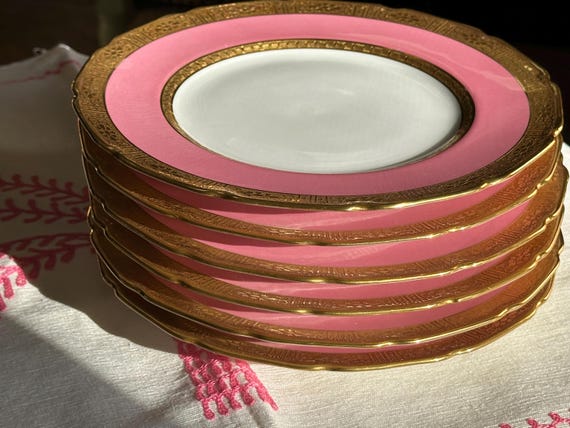 1910 Royal Doulton Pink Dessert Plates:  Embossed Gilt Embellishments