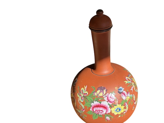 Victorian Enameled Terracotta Water Vessel: 1890s English Floral antique Bottle Decor