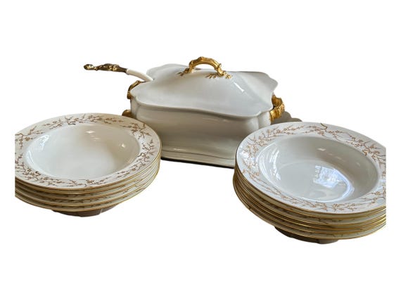 Antique White Jewled Soup Plate Set: 13pc Gilded Heirloom China Wedding Gift for Bride with Tureen