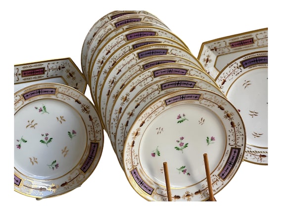 Rare Antique French Lavender Dessert Set: Old Paris Hand-Painted Gilt Plates and Serving Dishes (1850)
