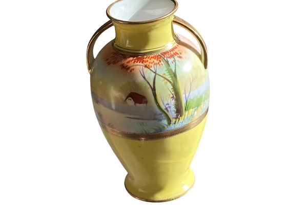 Large 14 Inch Antique Nippon Vase, Hand Painted Bright Yellow Body Pastoral Landscape Scene Gilded Handles and Trim