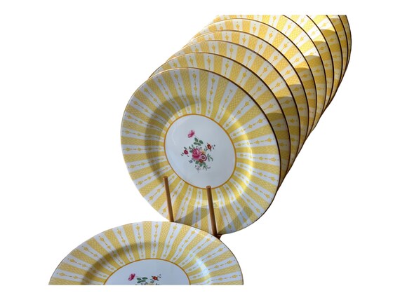 Vintage Crown Staffordshire Floral Dinner Plates with Yellow Grid Border- English Cottage Charm