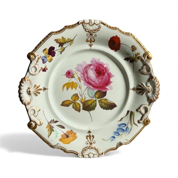 1820 Rare Machin & Co Floral Dessert Set   Pink Shell Accents Set of 7