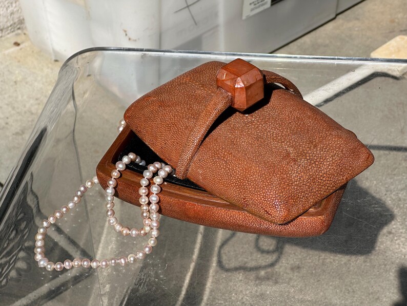 French Rust Colored Shagreen Jewelry Box Mother of Pearl Finial Luxury