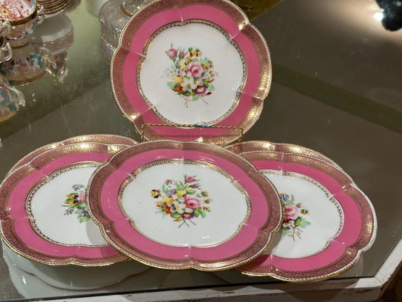 Antique English Pink Dessert Plates: Hand-Painted Floral Bouquet Gilt Embellishments 1820s Coalport
