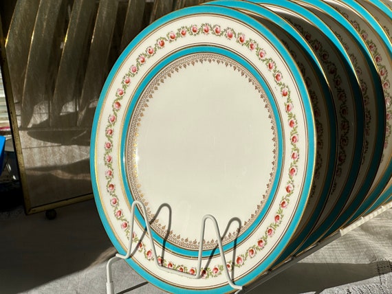 Vintage Turquoise Dinnerware Set: Pink Roses, George Jones Crescent China, 18pc