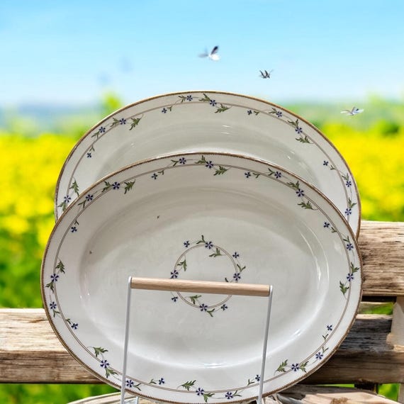 Vintage French Limoges Hand-Painted Blue Cornflower Platters Circa 1920s Porcelain Tableware