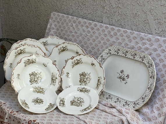 1800s English Botanical Dessert Set: Vintage Gisaille Painted Plates with Serving Dish