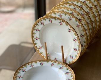 Antique Minton China Set, 12 Soup Plates w Enameled Pink Roses, Encrusted Gilt Edge, Circa 1893 1932