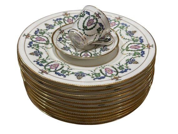 Antique Royal Worcester Neoclassical Dessert Service for 12 with Enameled Pink Medallions  c1913