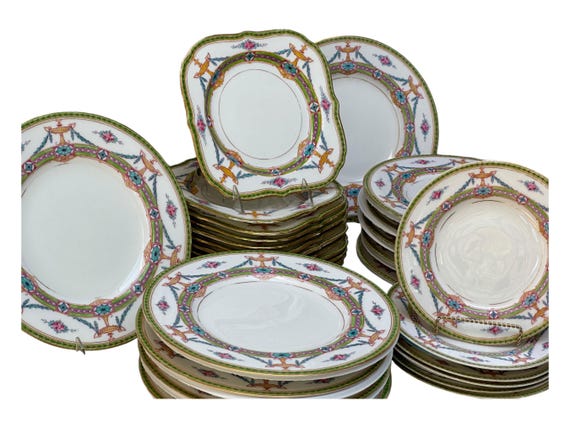 Rare Antique Royal Worcester Neoclassical Dinnerware Set with Enameled Pink Roses 29 Pieces c1915