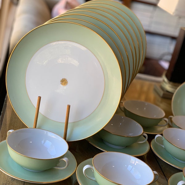 24Pc Nymphenburg Hand Painted Dinnerware Set For 8, Dinner Plates, Soup Bowls Saucers, Mint Green Border, Gold Star, Lotos Pattern, CA 1950s