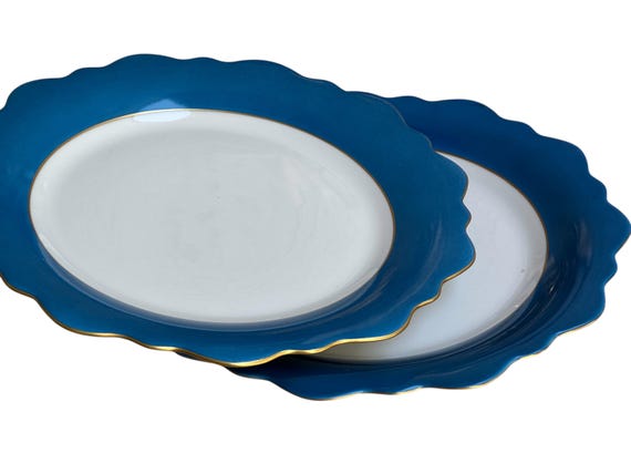 Pr Jean Louis Coquet Limoges Dinner Plates: Marine Blue Borders  Gold Scalloped  Rims French Porcelain