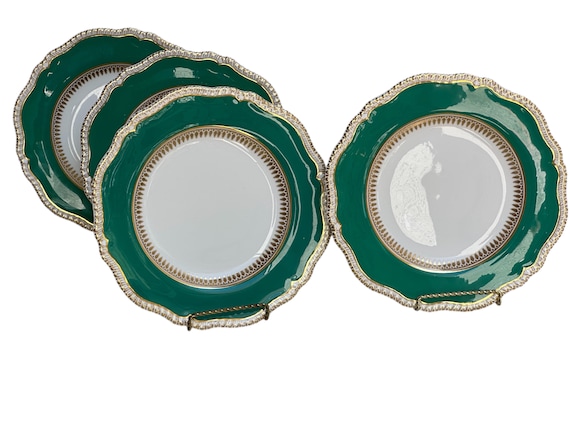 Elegant Antique China Plates with Green and Gilt Accents for Special Occasions