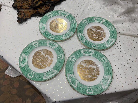 Set of Four Elegant Green Wedgwood Plates with Gold Embossed Design