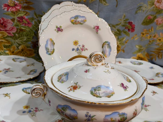 Antique Cauldon Dessert Set: Hand-Painted Pink Roses, Gilt Rim (1891-1932)