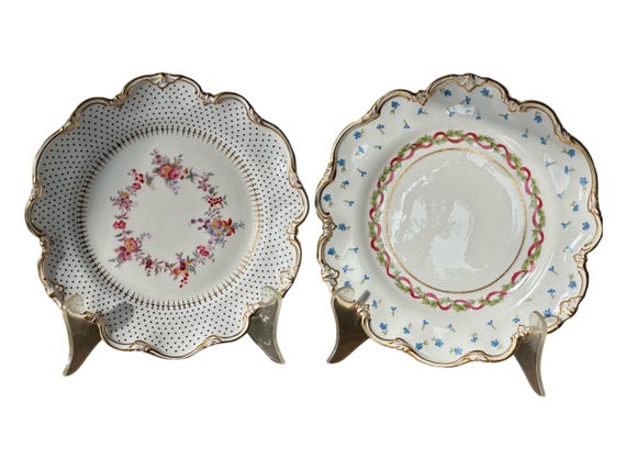 Pair Antique George Jones Dessert Plates w Hand Painting, Enameling Jeweling Florals, Fluted Gilded Rims,Christmas Gift , C 1893 1932