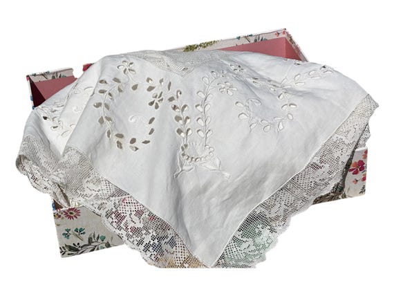 Elegant French Embroidered White Linen Tablecloth with Monogram and Lace Panels Center Monogram Heirloom Piece 50X100"