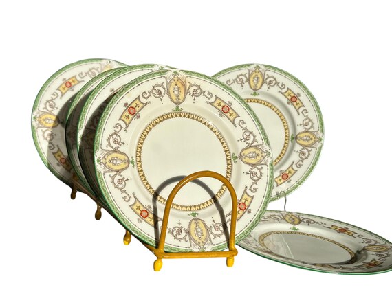 Vintage Minton Neoclassical Dessert Plates: Yellow Medallions Gray Scrolls Urns  (1891 1932)