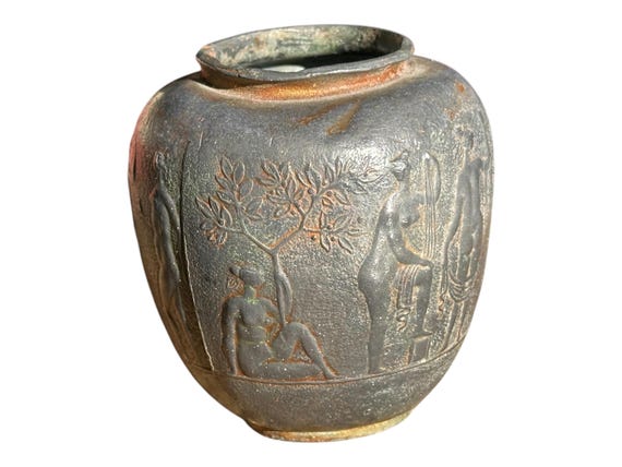 Vintage 1900s Pewter Vase: 4-Inch Embossed Dancing Nudes Antique Collectible Home Decor