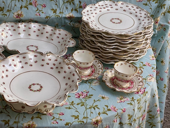 Antique George Jones Dessert Set: Hand Painted Pink Roses Gilded Fluted Rims Heirloom Porcelain