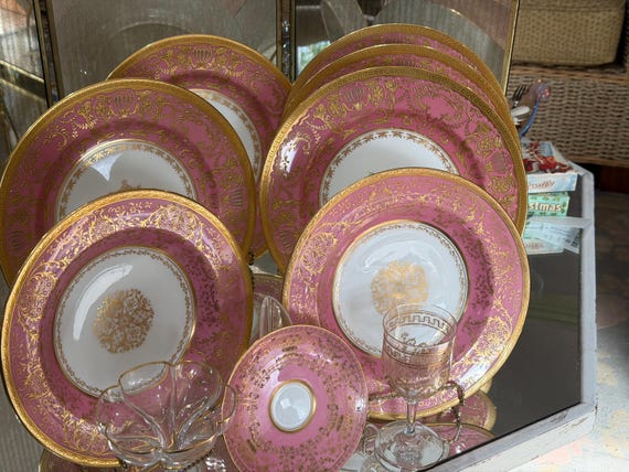 1904 Royal Doulton Pink China Set:  Embossed Gilt Embellishments