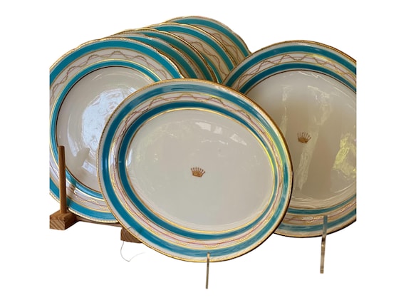 7Pc Rare19th Century Minton China Set w Double Turquoise Bands, Gilded Crown Crest on 2 Platters, 5 Dessert Plates, 19th Century