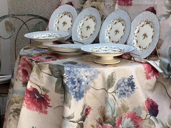 Vintage Wedgwood Dessert Set: Blue Denim Border Hand Painted Florals Embossed Rims(1891-1932)