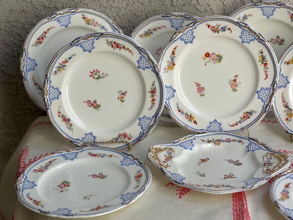 Antique Spode Dessert Plate Set: Hand Painted Floral Nosegays Embossed Scalloped Gilt Design Rims, Serving Dish