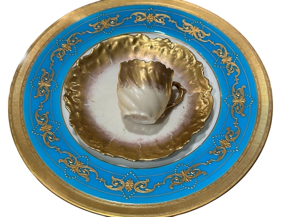 Antique 1914 Minton Turquoise Dinner Plates: Neoclassical Gold Accented Collectible Set