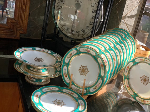 Antique English Floral Dessert Set: 15pc with Hand-Painted and Gilded Heirloom from 1800s