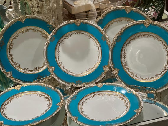 1850 Minton Celeste Blue Dinner Plates: Embossed Neoclassic Gilt Scalloped Rims