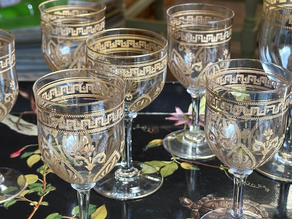 8pc Rare Antique French Saint Louis Crystal Stemware w Encrusted Gold Engraving, Neoclassic Designs, Greek Key Rim, Fleur de Lis, C 1800s
